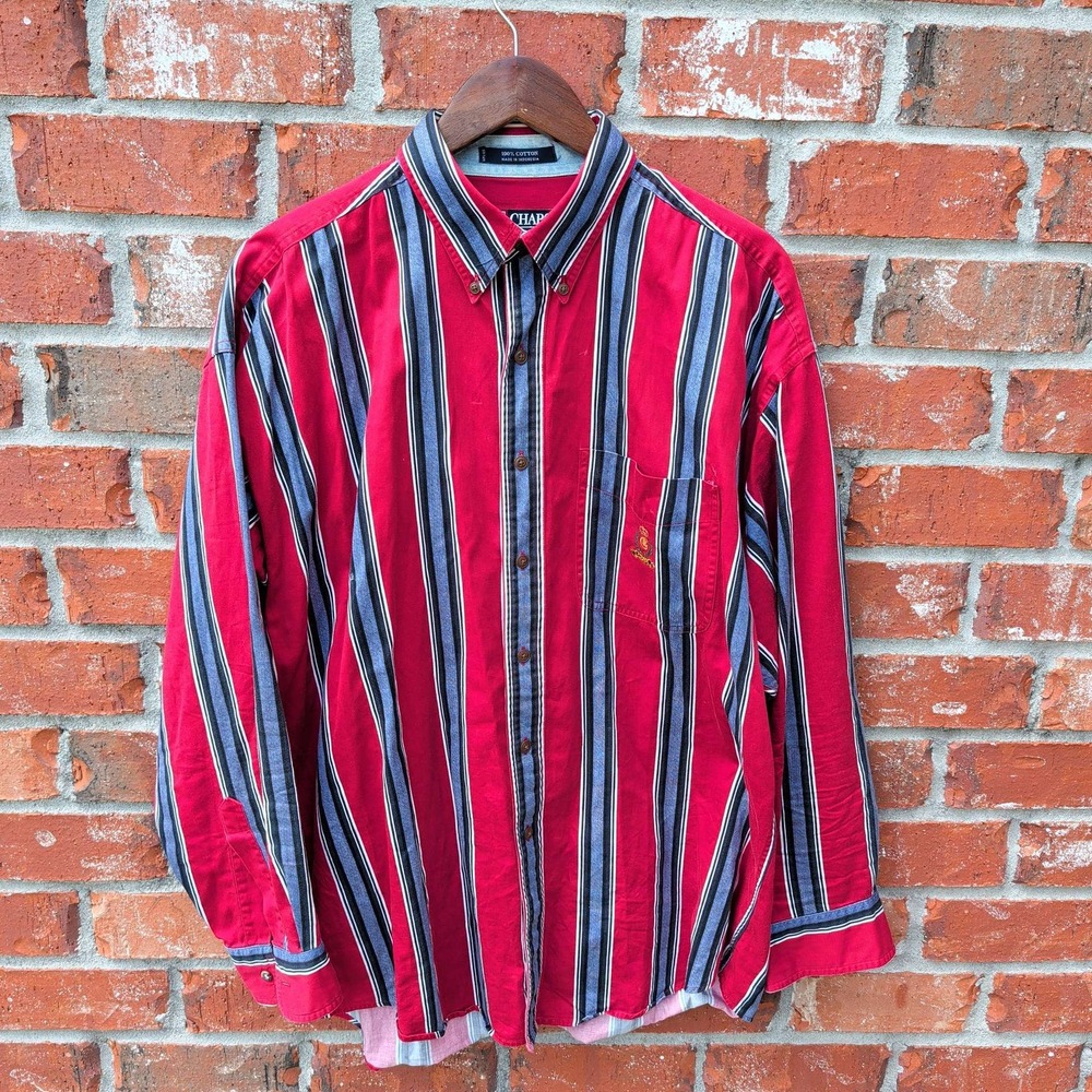 Chaps Ralph‎ Lauren Button Down Shirt Mens Large Red Blue Striped Vintage Crest